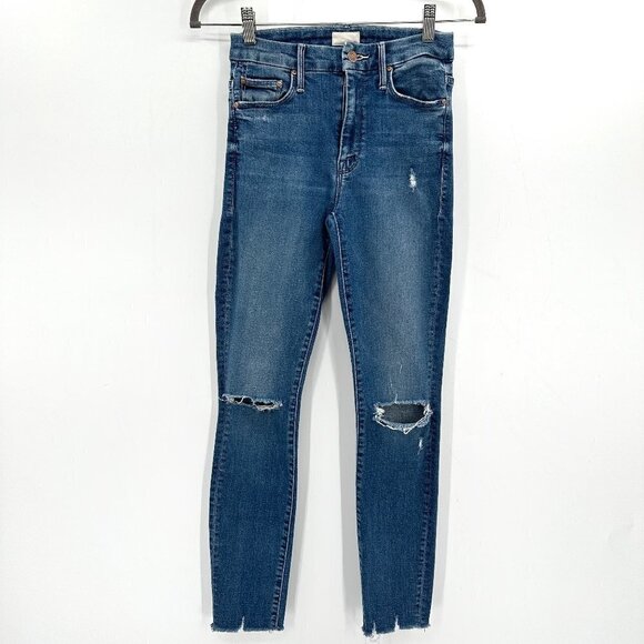 MOTHER Looker Ankle Fray Get Your Groove Distressed Blue Stretch 24 Denim Jeans - Picture 1 of 9